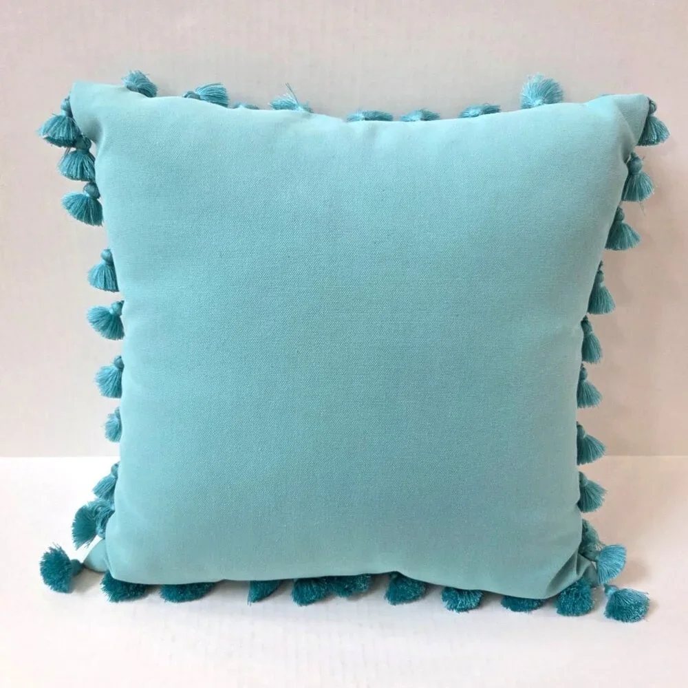 Pottery Barn Pillow Turquoise Blue Tassel Trim Indoor Outdoor Beach 17